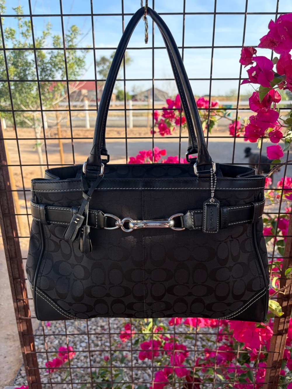 Black Coach Signature Tote Handbag with Silver Hardware